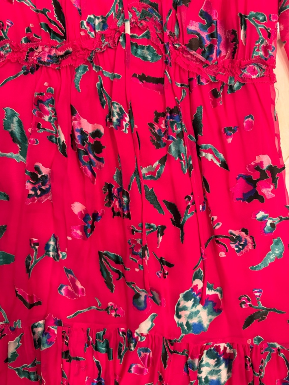 Tanya Taylor Dulce Silk Rayon Hot Pink Floral Tiered Ruffle Midi Dress Sz 6 - Picture 6 of 7
